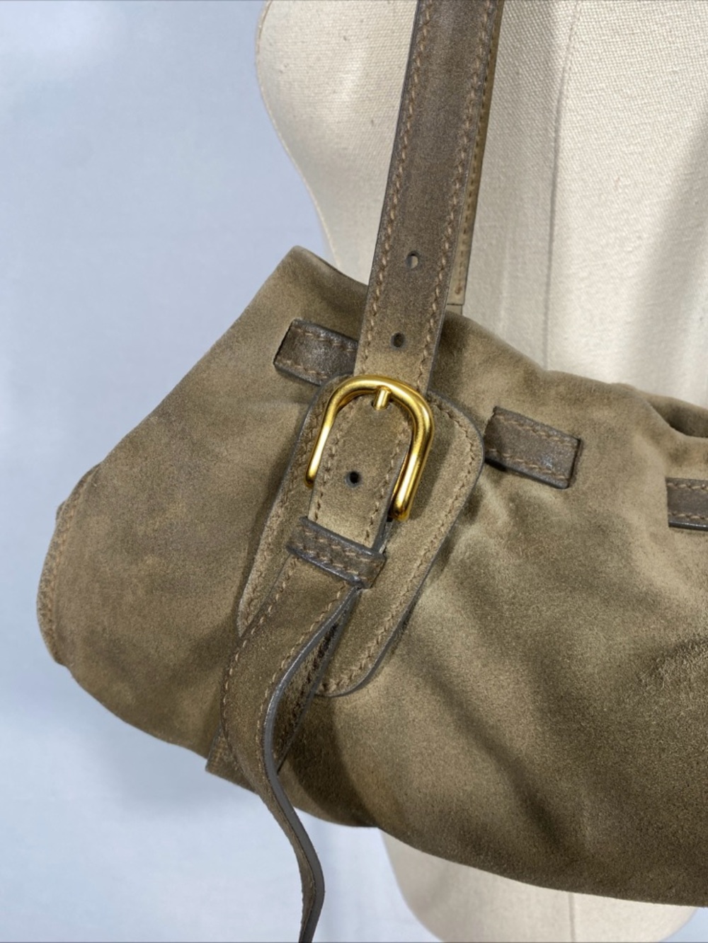Miu Miu Olive Green Suede Shoulder Tote with Gold Hardware 90s Y2K - Picture 5 of 13